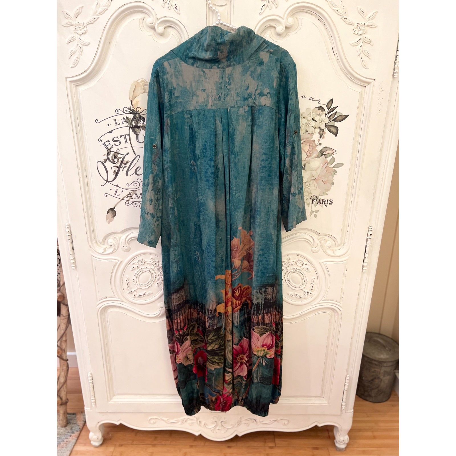 Morimiss Teal Floral Boho Maxi Dress Long Sleeve Empire Waist O/S Nwt — image 4 of 8